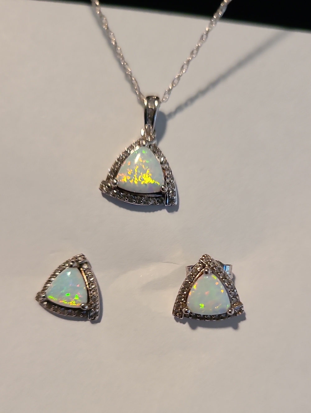 Sterling Silver Triangle Opal Pendant & Earrings 18 Inch Chain Pierre Meunier